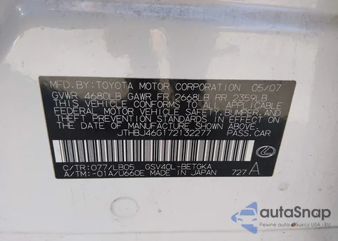 2007 Lexus Es 350 из США, поврежденный, VIN JTHBJ46G172132277